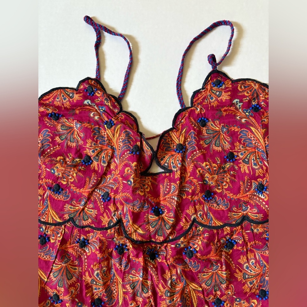 NWT Anthropologie Bare Deco Beaded & Embroidered Babydoll Tank Red Cropped - Picture 4 of 13